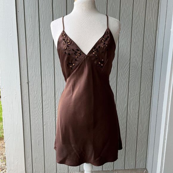 VTG 90s Natori Satin Slip Dress XS/S Leopard Embroidery Crisscross Back - Picture 8 of 9